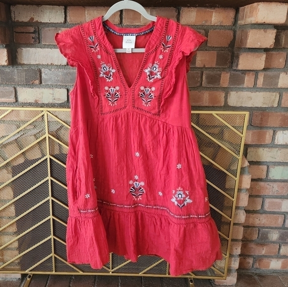 RED Bohemian 100% Cotton Ruffle Sleeved V Neck Dress. SIZE Medium - Picture 4 of 12